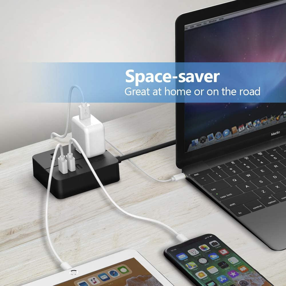 USB Power Strip Power Strip with 3 USB, Power Strip Surge Protector, 2 AC Outlet Strip, USB Charging Station with 3.94Ft Extension Cord, Mini Power Cord for Home, Office, Dorm, Travel (Black)