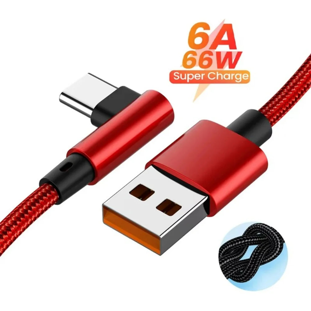 6A 66W USB C Fast Charging Cable 90° Right Angle for Iphone Xiaomi 14 Redmi Huawei OPPO Samsung Gaming Phones Nylon Braided Cord